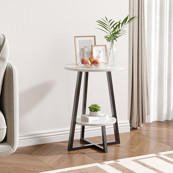 Marble Effect Round Small Coffee Tea Table 2 Tier White Grey Sofa Side Tables Living Room Bedroom Corner Plant Pot Stand Flower Pot Holder Display Shelf Metal Base