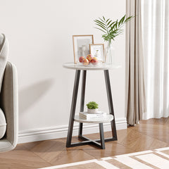 Marble Effect Round Small Coffee Tea Table 2 Tier White Grey Sofa Side Tables Living Room Bedroom Corner Plant Pot Stand Flower Pot Holder Display Shelf Metal Base