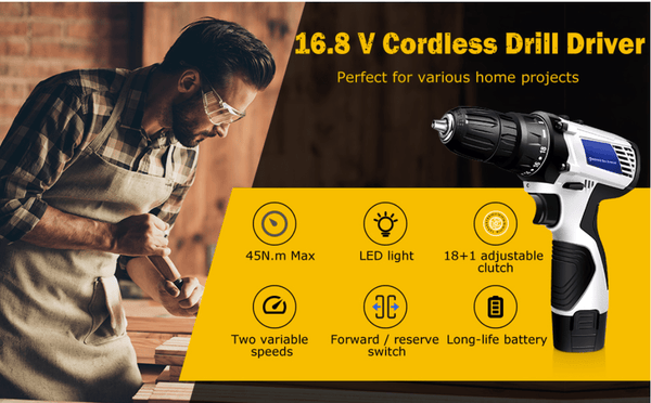 Cordless Drill Driver Power Combi Drill Kit Electric Screwdriver Set with 2-Speed, 18+1 Torque 3/8