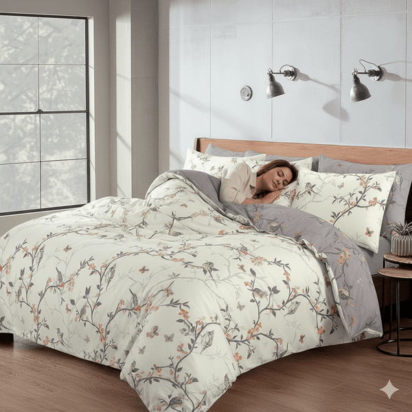 3pcs Caramel Flower Duvet Cover Set - Premium Floral Duvet Cover with Pillow Cases Super Soft Flower Bedding Sets Breathable Reversible Grey Quilt Covers, Machine Washable Double King Superking Size