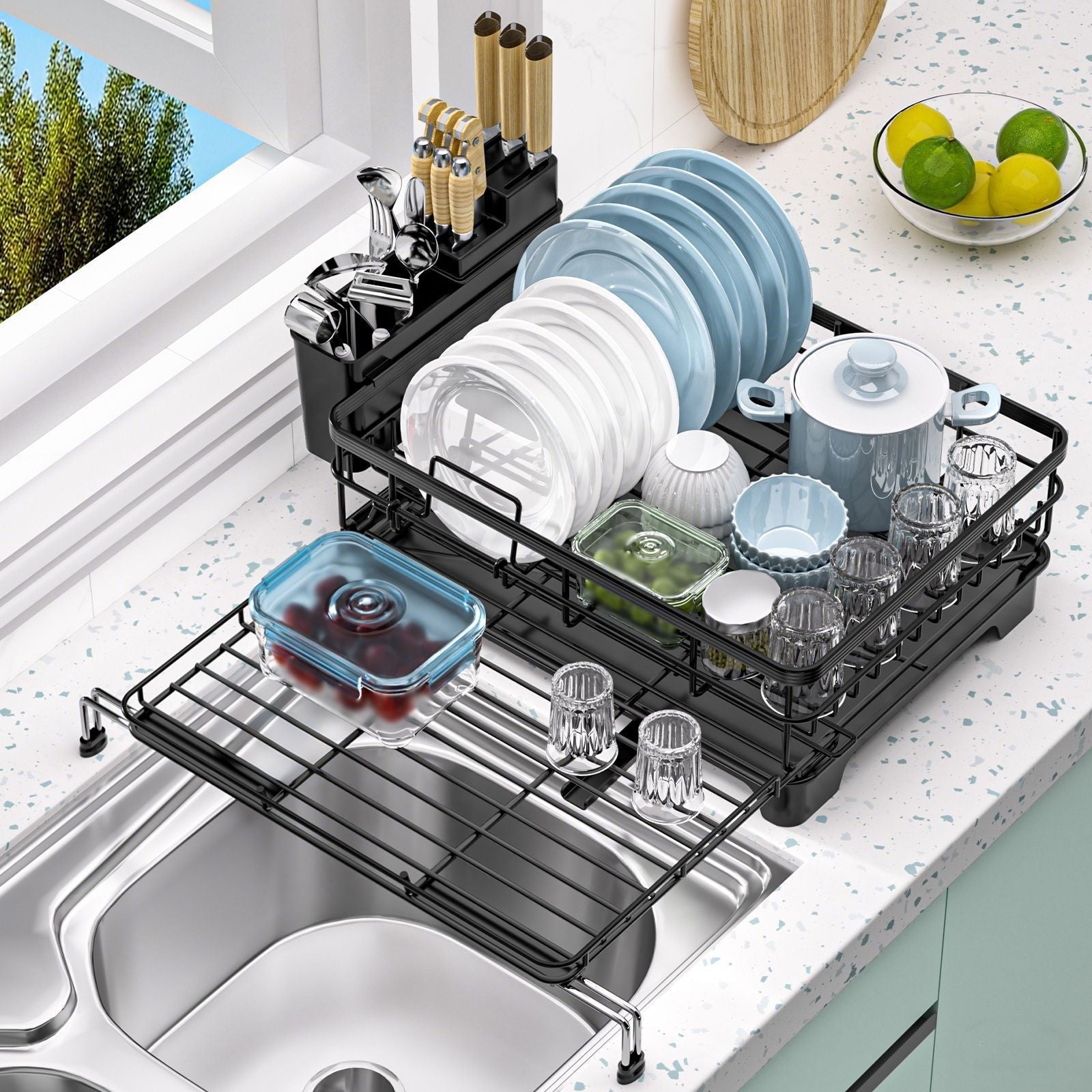 1pc Expandable Kitchen Sink Dish Drainer Rack With Drip Tray Cutlery H ...