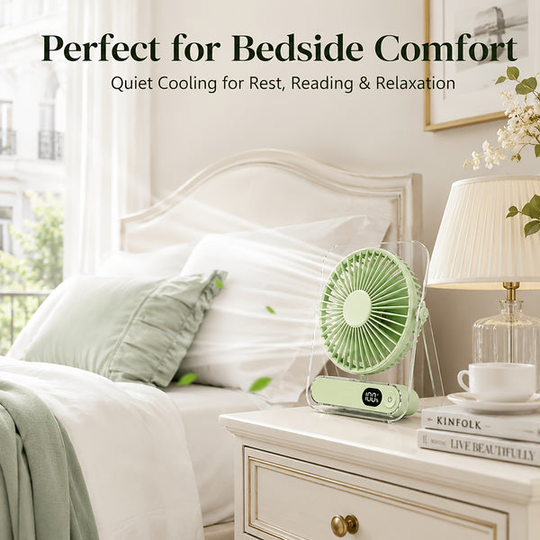 Rechargeable USB Desktop Fan (5000Mah Battery Included): Ultra-Quiet Operation with a Foldable Design And Digital Battery Level Display. Constructed from Durable Acrylic Material. A Device Perfect for Home Use