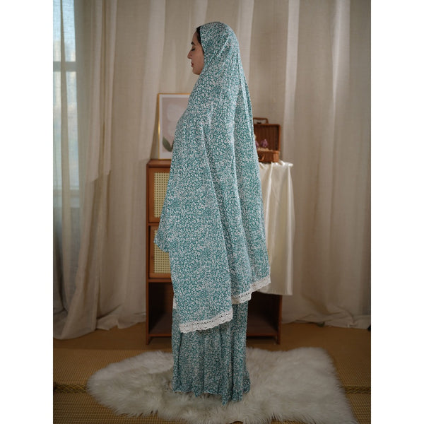 Traditional Muslim Women's Printed Hooded Prayer Gown Two-Piece Set - Upper Skirt 80cm, Lower Skirt 105cm