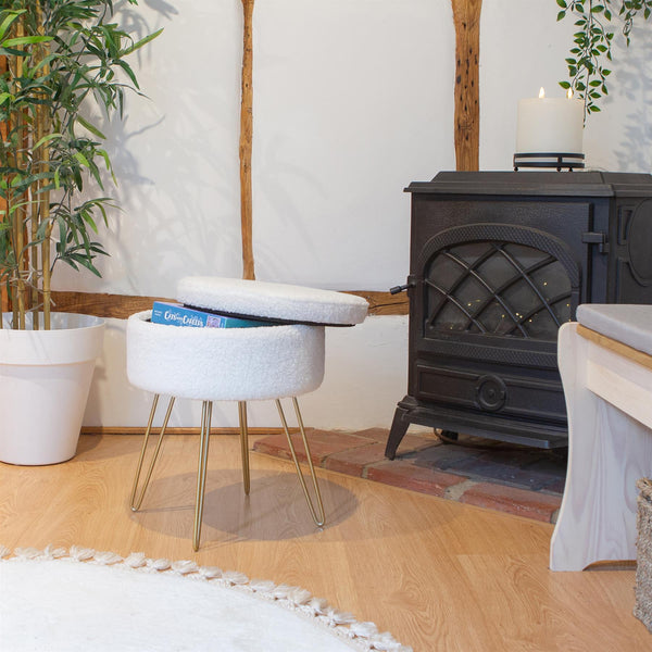 Round Boucle Storage Footstool - Cream H46 x D37cm Living Room Dressing Table Footstool Ottoman Pouffe Chair Seat