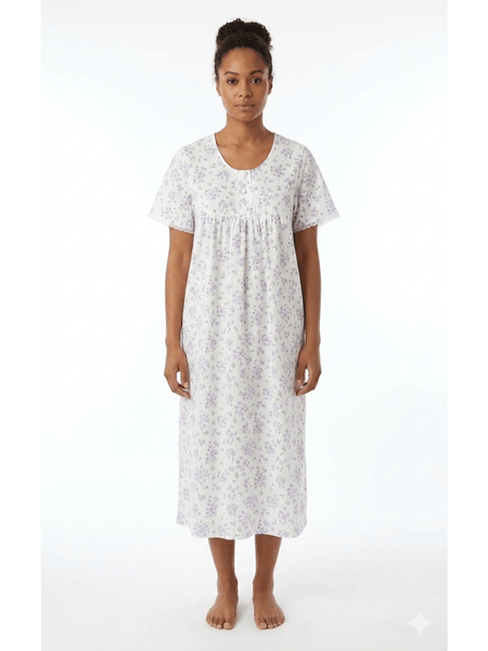 Women'S Floral Nightdress Short Sleeve Cotton Blend Nightwear Summer Nightgown Elegant Print Midi Loungewear Sleep Dress