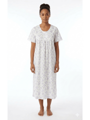Women'S Floral Nightdress Short Sleeve Cotton Blend Nightwear Summer Nightgown Elegant Print Midi Loungewear Sleep Dress