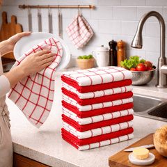 Pack of 10 & 5 Terry Toweling 100% Cotton Dish Cloths Catering Bar Towel Super Absorbent Lint Free Quick Dry Heavy Duty Soft Kitchen Tea Towels Dishcloths for Washing Up Scrubbing Machine Washable Extra Large 70 X 40 Cm (Black/ Blue/red Multicolor Check P