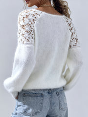 Women's Hollow-Out Lace Off-Shoulder Lace Sleeve Patchwork Pullover Sweater, Fluffy and Elegant