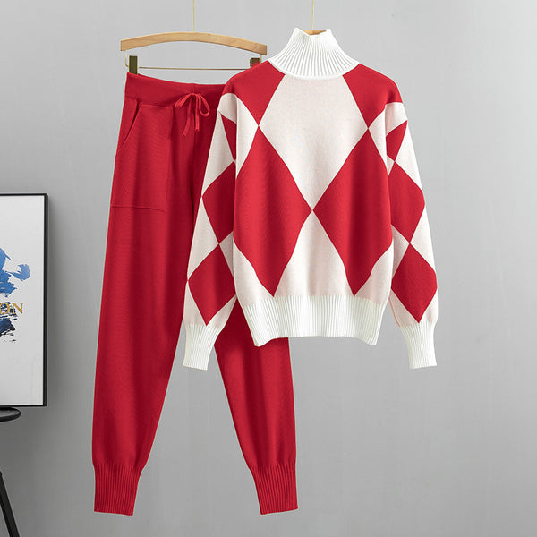 Women'S New Arrival Autumn/ Winter 2024 Casual Check Pattern Sweater Set - Style Trendy Two-Piece Outfit, Long Sleeve, Square Neck, Color Block, Drawstring, Pants, Casual Wear|Check Pattern Top|Drawstring Pants, Sweater Set