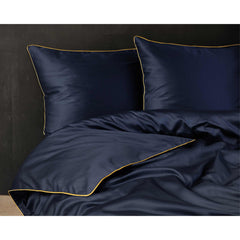Luxury Dark Blue Duvet Cover Set with Gold Trim – 100% Cotton Sateen – Opulent Hotel Style Bedding for Single, Double, and King Beds