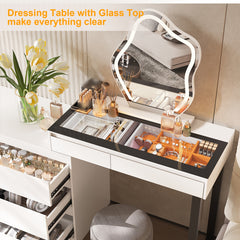 Corner Vanity Desk With Mirror And LED Lights - White Makeup Vanity Table With Clear Glass Top Jewelry Storage Rack And 5 Drawers
