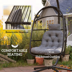 Rattan Hanging Egg Chair with Stand, Foldable Wicker Swing Egg Chair with Cushion, Head Pillow, Steel Frame, Hammock Chair for Indoor Outdoor, Capacity 150 kg, Dark Grey