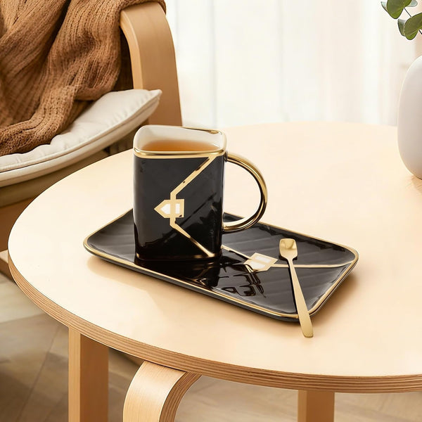 Porcelain Tea Cup and Saucer Set with Spoon, 310ml Handbag Style Ceramic Coffee Cup, High-Temperature Fired, Hand-Glazed with Gold Detailing