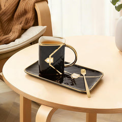 Porcelain Tea Cup and Saucer Set with Spoon, 310ml Handbag Style Ceramic Coffee Cup, High-Temperature Fired, Hand-Glazed with Gold Detailing
