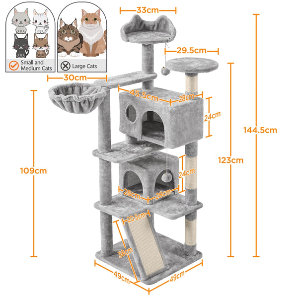 Costoffs Cat Tree, Cat Tree Tower, 145cm Multi-Level Cat Tree Tower with 2 Condos, Dangling Balls, Ladder, Sisal Scratching Posts, Round Platform, Cosy & Stable Indoor Cat Kitten Furniture, Activity Centre, Scratching Tree
