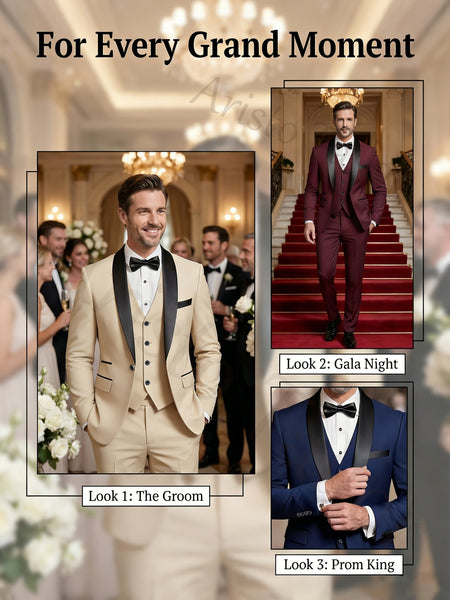 Men'S Suit Set, 3pcs Blazer, Vest And Trousers, Groomsman Business, Fashionable Elegant, Premium Men, Suitable for Wedding, Business, Party (With Pocket Square)