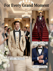 Men'S Suit Set, 3pcs Blazer, Vest And Trousers, Groomsman Business, Fashionable Elegant, Premium Men, Suitable for Wedding, Business, Party (With Pocket Square)