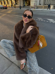 PEACHYZL Women'S Elegant Faux Fur Coat - Thickened Winter Jacket with Plush Lining, Loose Fit Long Sleeve Coat for Fall/Winter, BrownRed/