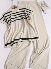 Spring/Summer Women's Fashion Set: Simple High-End Striped Vest Top + Fashionable Loose Wide-Leg Pants, Striped Color-Block Casual Outfit