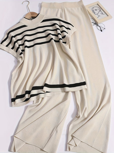 Spring/Summer Women's Fashion Set: Simple High-End Striped Vest Top + Fashionable Loose Wide-Leg Pants, Striped Color-Block Casual Outfit