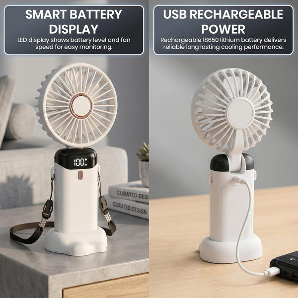 1pc Portable Handheld Fan USB Rechargeable Foldable Mini Desk Fans 5 Speeds, Personal Cooling Fan with Neck Strap for Travel, Office & Outdoor Use, Removable Cover for Easy Clean, Black, Pink, White Options 1 Pack