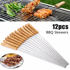 Mini 12pcs Reusable Stainless Steel Metal BBQ Skewers with Metal & Wooden Handle, Barbecue Sticks Brochettes Safe Grill Tools for BBQ, Family Gathering, Cocktail, Party Essential, Friends, Outdoor Kebab 29.5cm