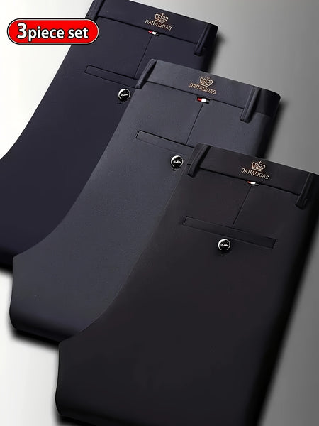 3pcs High-Elasticity Men's Business Casual Dress Pants, All-Season Wear, Wrinkle- No Ironing Required, Professional Style, Classic Design, Premium Craftsmanship, Machine Washable Fashion Men's Wear