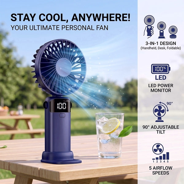 1 Foldable 3-in-1 Handheld Fan with LED Digital Display and 5 Adjustable Wind Speeds, Portable USB Rechargeable Fan with 90° Angle Adjustment and Whisper-Quiet Operation for Outdoor Travel Office and Daily Use