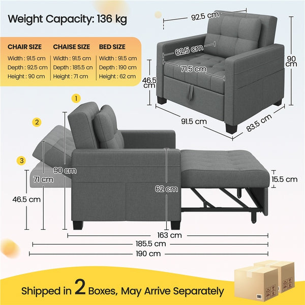 Costoffs 3-in-1 Convertible Sleeper Chair Bed, Tufted Futon Sofa Chair with Adjustable Backrest & Back Pillow, Multi-Function Sleep Chair Bed for Small Space, Apartment, Studio, Guest Room, Home Living Room Furniture