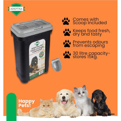 ADEPTNA Large 30L Pet Food Storage Container with Flip Top Locking System and Integrated Scoop – Airtight Dry Food Dispenser Bin for Dogs, Cats, and Birds