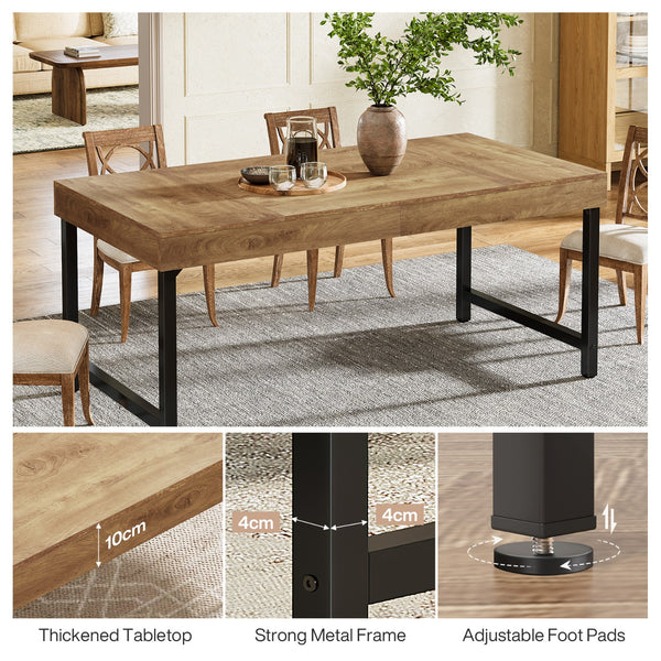 Farmhouse Dining Table for 4-6 People | 139.7 cm Industrial Rectangular Kitchen Dinner Table with Heavy-Duty Metal Legs, Rustic Brown, Multifunctional, Includes 1 Leaf, Assembled, by TRIBESIGNS