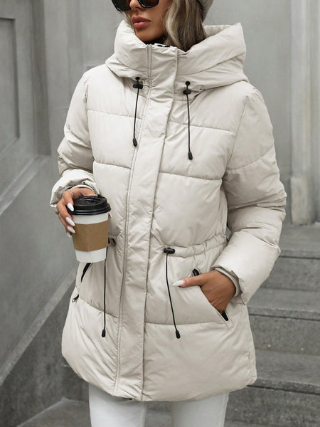 Women'S Thickened Warm Hooded Jacket for Autumn & Winter - Featuring Zipper, Fashionable Casual Adjustable Waistband, Mid-Length Puffy Coat, Suitable for Cold Autumn & Winter Days, Daily Commuting, Outdoor Activities