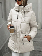 Women'S Thickened Warm Hooded Jacket for Autumn & Winter - Featuring Zipper, Fashionable Casual Adjustable Waistband, Mid-Length Puffy Coat, Suitable for Cold Autumn & Winter Days, Daily Commuting, Outdoor Activities
