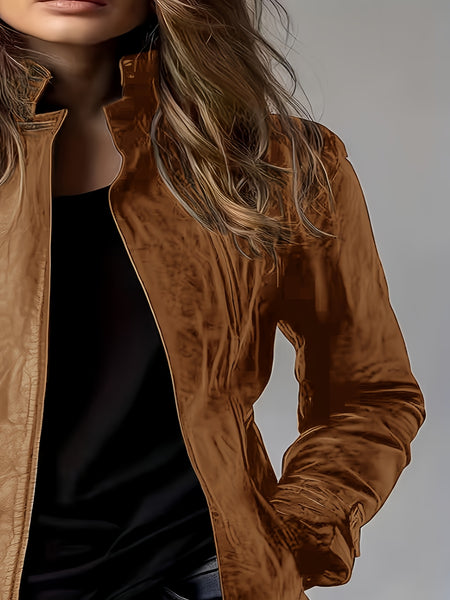 CHIDU Women's Jacket, PU, Retro Motorcycle Jacket Long-sleeved Jacket, Women's Long-sleeved Zipper Cardigan Stand-up Collar Design, Windproof Women's Jacket, Suitable for Spring, Autumn And Winter Jackets, Pockets, Global ALL, Casual Women's Jacket
