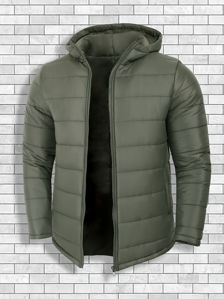 Men'S Outdoor Lightweight Thickened Hooded Windproof Quilted Solid Color Warm Coat