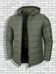 Men'S Outdoor Lightweight Thickened Hooded Windproof Quilted Solid Color Warm Coat