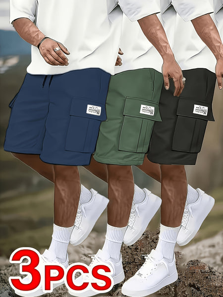 3pcs Men's Casual Cargo Shorts - Mid-Rise Elastic Waist, Multiple Utility Pockets, Loose Fit Durable Fabric for Golf & Outdoor Activities (Black, Beige, Light Gray, Dark Gray), Active Clothing | Relaxed Style | Flexible Comfort