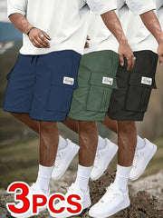 3pcs Men's Casual Cargo Shorts - Mid-Rise Elastic Waist, Multiple Utility Pockets, Loose Fit Durable Fabric for Golf & Outdoor Activities (Black, Beige, Light Gray, Dark Gray), Active Clothing | Relaxed Style | Flexible Comfort