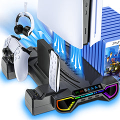 For Ps5/Slim/Pro Cooling Station And Controller Charging Station with RGB Stand for Playstation 5 Console - for PS5 Controller Charger, Cooling Stand Accessory Kit-Cooler Fan/Headset Holder/3 USB Hub, White
