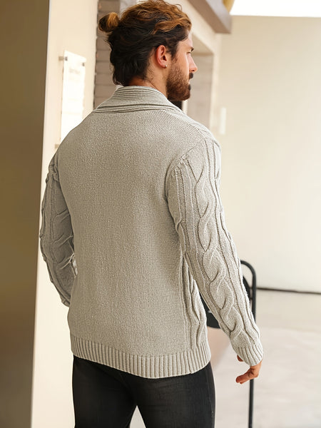 Men'S Solid Cable Knit Cardigan Fall Winter Button-Up Knit Coat