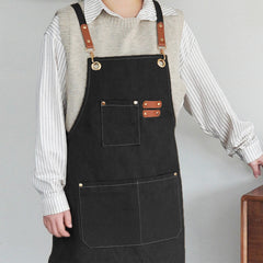 1pc Unisex Canvas-Polyester Blend Apron Durable Sturdy Construction, Adjustable Back Strap, Multiple Pockets for Enhanced Functionality | Khaki & Black Culinary Attire | Ideal for Kitchen Cooking/Baking/Grilling, Artist Painting, Coffee Bar, Servers; Perf