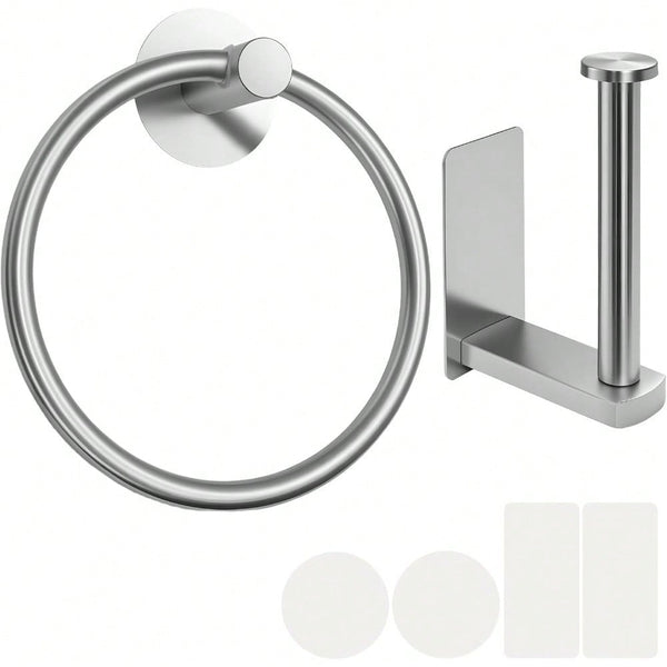 Self Adhesive Toilet Paper Holder & Towel Ring Set – No Drilling, Easy Stick-On Installation for Bathroom