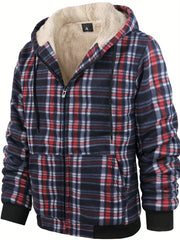 Men's Heavyweight -Lined Hooded Jacket - Full-Zip Plaid Thickened Shirt with Pockets and Adjustable Drawstring, Comfortable and Warm for Autumn and Winter