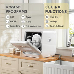 COMFEE' Table Top Dishwasher, Mini Countertop Dishwasher with 6+3 Programs, Steam Wash, Baby Care & Fruit Wash, No Plumbing, Delay Start, 72H Storage - White