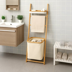 Japanese-Style Bathroom Ladder Shelf with Oxford Fabric Storage, Freestanding Wooden Towel Rack Organizer for Bathroom Accessories