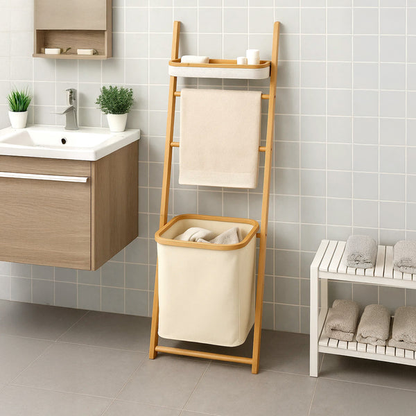 Japanese-Style Bathroom Ladder Shelf with Oxford Fabric Storage, Freestanding Wooden Towel Rack Organizer for Bathroom Accessories