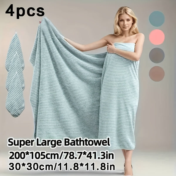 4pcs Extra Large Bath Towel Set with Star Stripes, Full Body Wrap Towel, Face Towel, and Hair Towel - 1pc Extra Soft Coral Fleece Bath Towel (200x105cm) + 3pcs Square Towels (30x30cm), Quick-Dry, Lint-Free, Durable - Ideal for Home, Beach, Outdoor Use - P