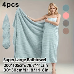 4pcs Extra Large Bath Towel Set with Star Stripes, Full Body Wrap Towel, Face Towel, and Hair Towel - 1pc Extra Soft Coral Fleece Bath Towel (200x105cm) + 3pcs Square Towels (30x30cm), Quick-Dry, Lint-Free, Durable - Ideal for Home, Beach, Outdoor Use - P