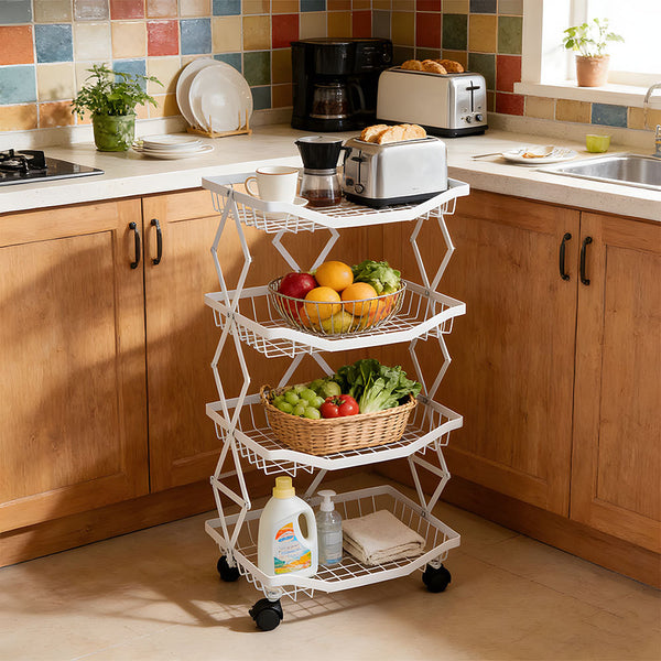 Foldable Kitchen Organizer Cart with 360° Rotating & Multi-Tier Shelves, Large Capacity Metal Vegetable Cart & Organiser - Portable, Space-Saving Storage for Pantry, Utility Room & Kitchen