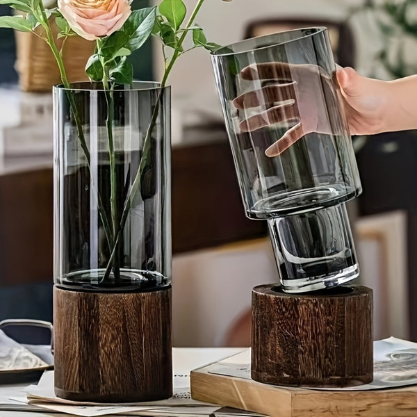 3pcs Glass Vase for Flowers - 25cm Tall Cylindrical Vase with Wooden Base Clear Large Flower Vases Boho Rustic Style Vases Modern Minimalist Ornaments for Pampas Grass Dried Flowers Wedding Home Decor